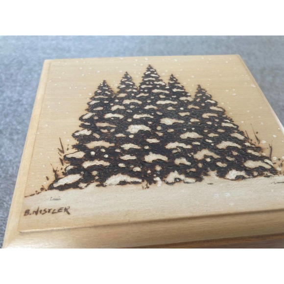 Wooden Jewelry Trinket Momento Box Engraved Snow on Evergreen Trees Signed - Picture 6 of 6